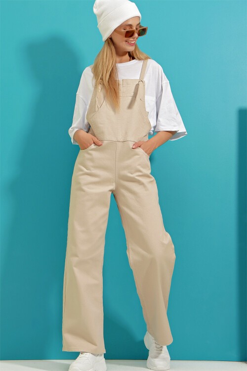 Bej Kanguru Cepli Denim Bahçıvan Salopet