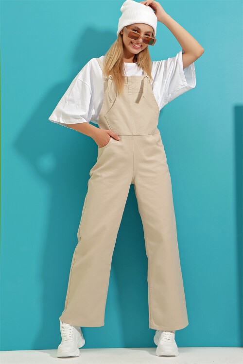 Bej Kanguru Cepli Denim Bahçıvan Salopet