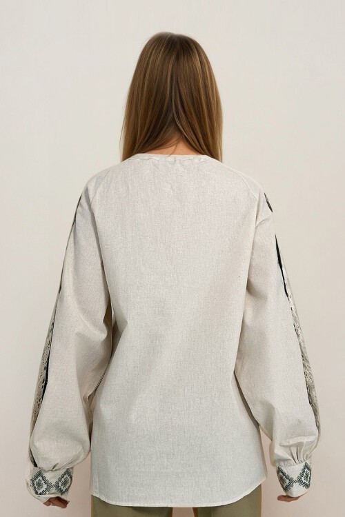 Bej Nakışlı Bağcıklı Bluz