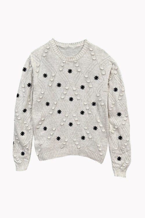 Bej Nakışlı Triko Kazak