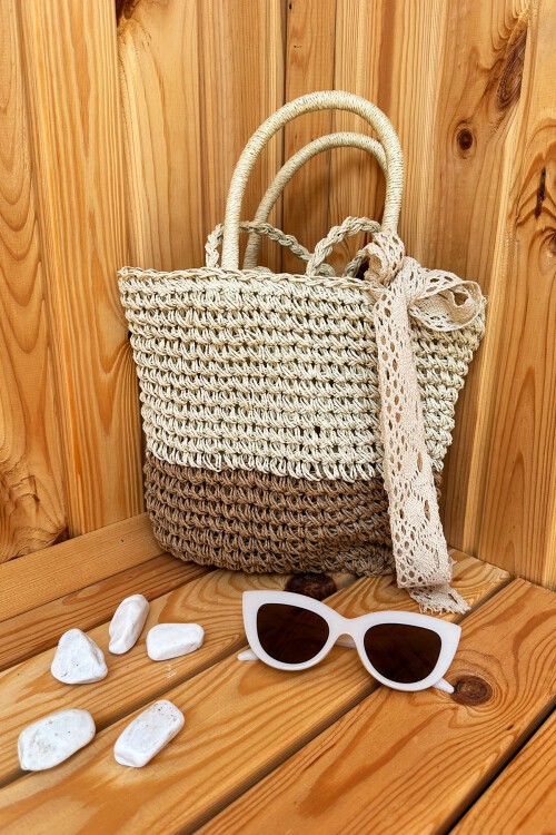 Bej Renk Bloklu Çift Astarlı El Örgülü Hasır Çanta