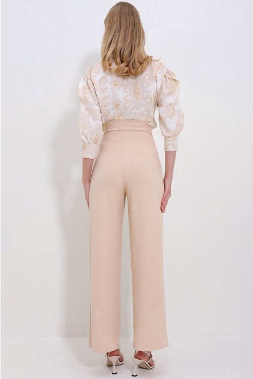 Bej Yüksek Bel Çift Cepli Pileli Cırt Kapamalı Palazzo Pantolon