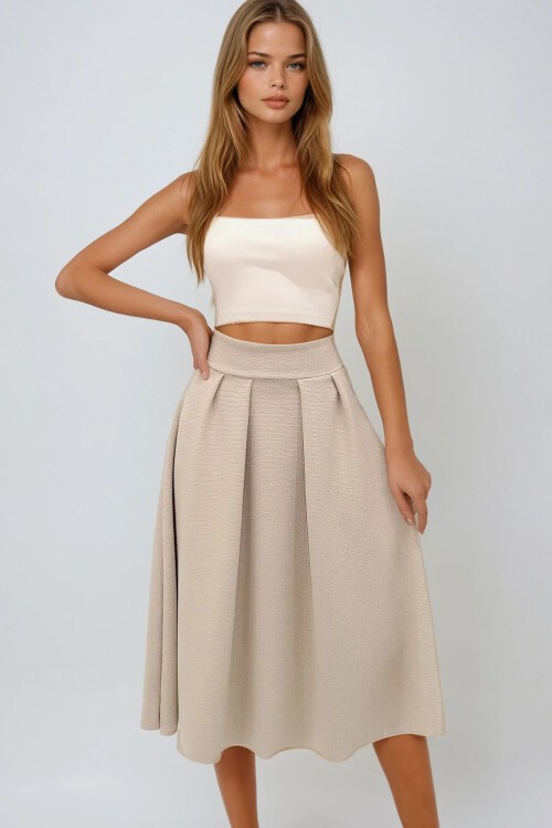 Bej Yüksek Bel Geniş Kemerli Gizli Fermuarlı Midi Boy Dokulu Etek