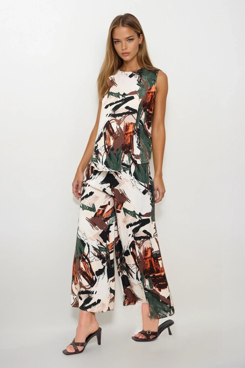 Ekru Yeşil Beli Bağlamalı Çift Cepli Pantolon Ve Bluz Takım