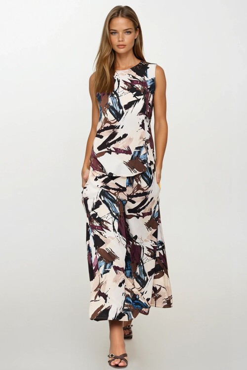 Ekru Kahve Beli Bağlamalı Çift Cepli Pantolon Ve Bluz Takım