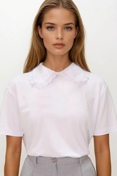 Beyaz Bebe Yaka Fisto Garnili Örme Bluz