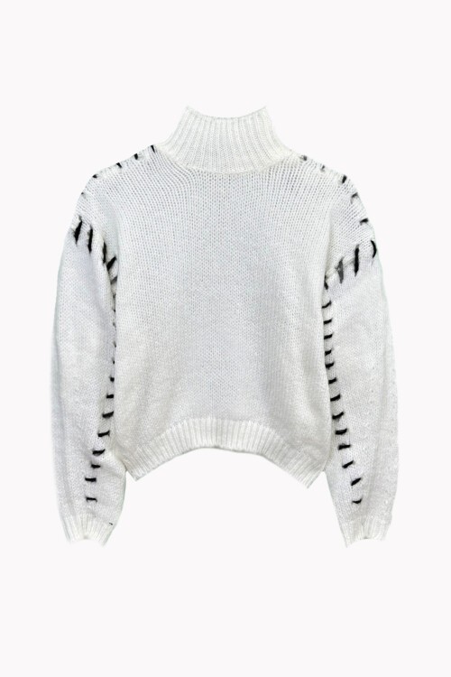 Beyaz Bloklu Triko Kazak