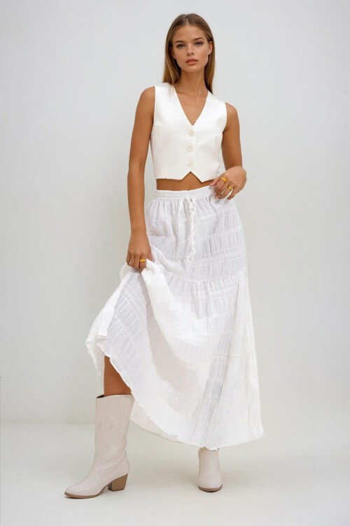 Beyaz Dantel Detaylı Bohem Etek