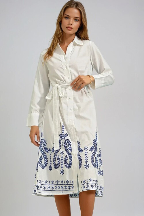 Beyaz Eteği Nakış İşlemeli Poplin Gömlek Elbise