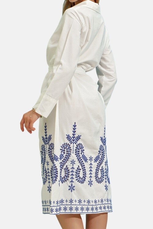 Beyaz Eteği Nakış İşlemeli Poplin Gömlek Elbise
