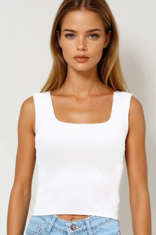 Beyaz Kare Yaka İnce Merserize Bluz