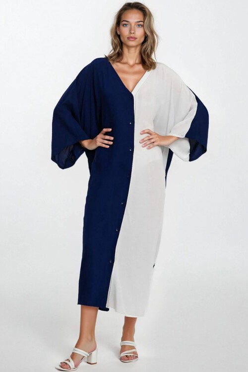 Beyaz Önü Düğmeli Çift Cepli Büyük Beden Viskon Elbise