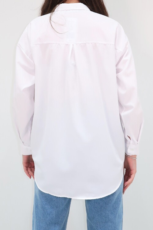 Beyaz Oversize Uzun Dokuma Gömlek