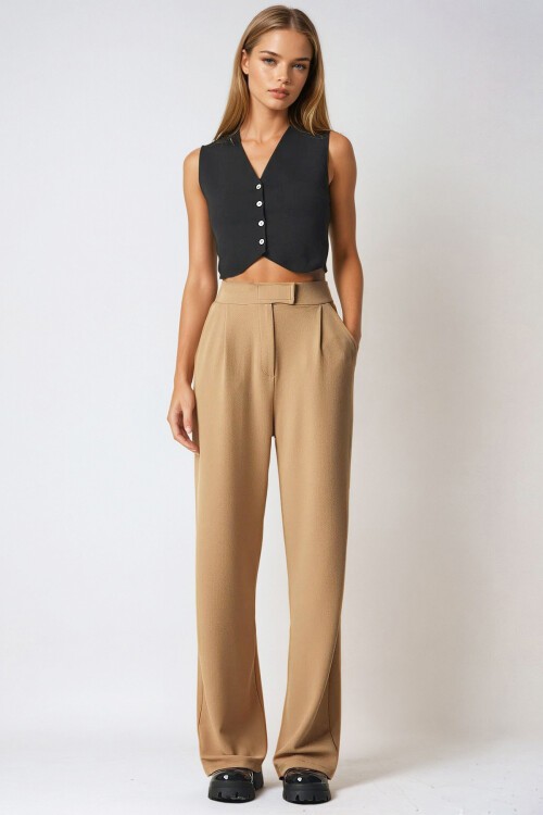 Bisküvi Likralı Cırt Kapamalı Çift Cepli Palazzo Pantalon