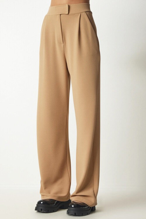 Bisküvi Likralı Cırt Kapamalı Çift Cepli Palazzo Pantalon