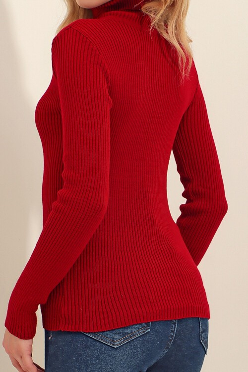 Bordo Balıkçı Yaka Fitilli Triko Kazak