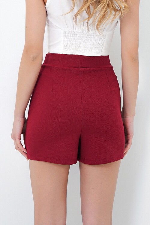 Bordo Beli Lastikli Kapak Detaylı Şort Etek
