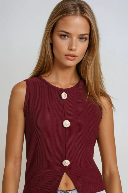 Bordo Bisiklet Yaka Gold Düğme Detaylı Ottoban Bluz