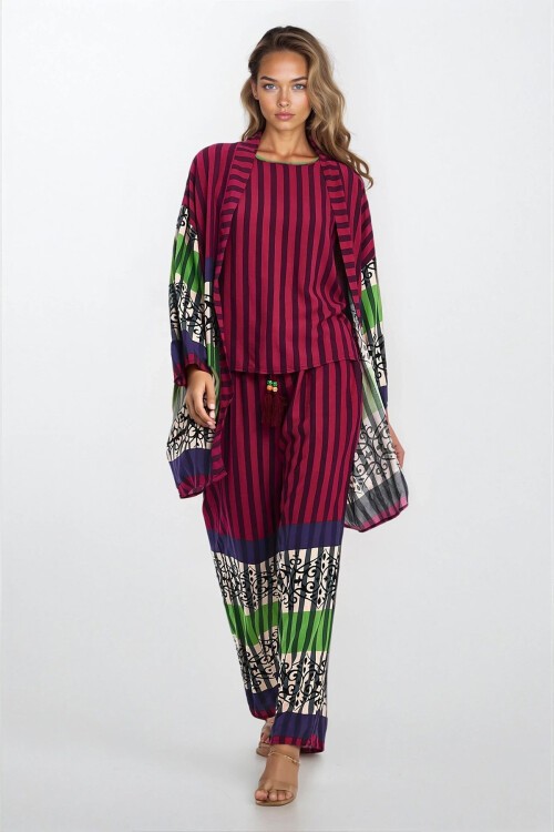 Bordo Bisiklet Yaka Kolsuz Bluz Lastikli Pantolon Ve Kimono Büyük Beden Takım