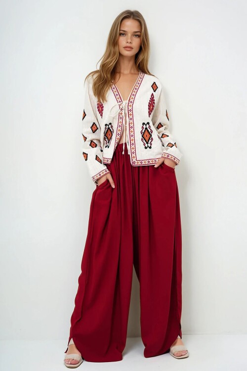 Bordo Çift Cepli Dökümlü Bol Kesim Dokuma Pantolon