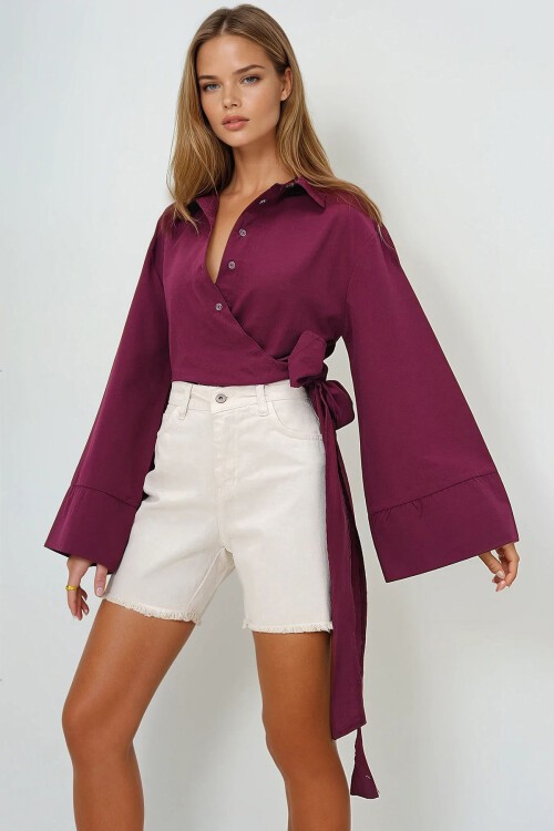 Bordo Geniş Manşetli Kol Detaylı Önü Bağlamalı Poplin Gömlek