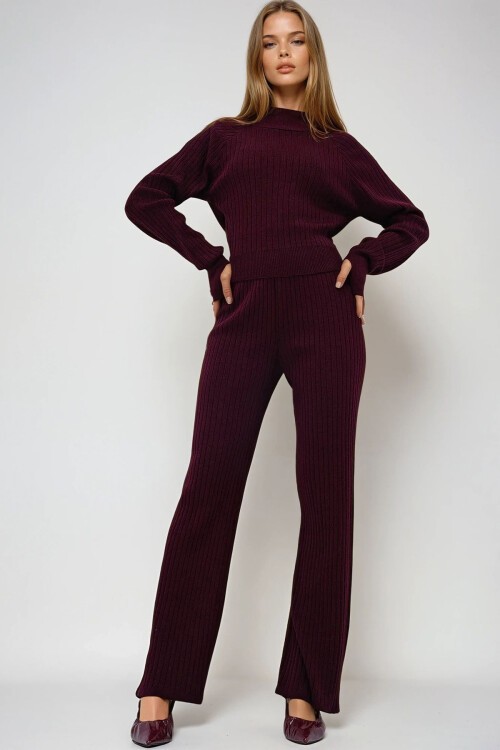 Bordo Parmak Detaylı Triko Alt Üst Takım