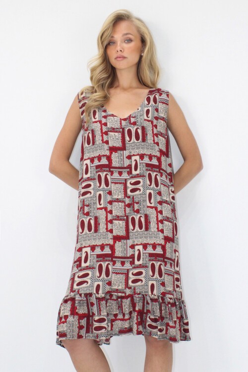 Bordo V Yaka Eteği Fırfırlı A Form Dokuma Viskon Rahat Kalıp Elbise