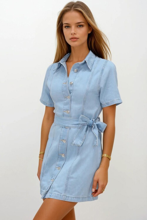 Buz Mavi Düğme Kapamalı Kuşaklı Jean Elbise
