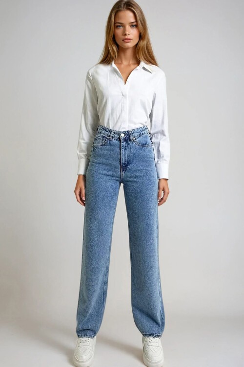 Buz Mavi Yüksek Bel Yıkamalı Palazzo Jean Pantolon