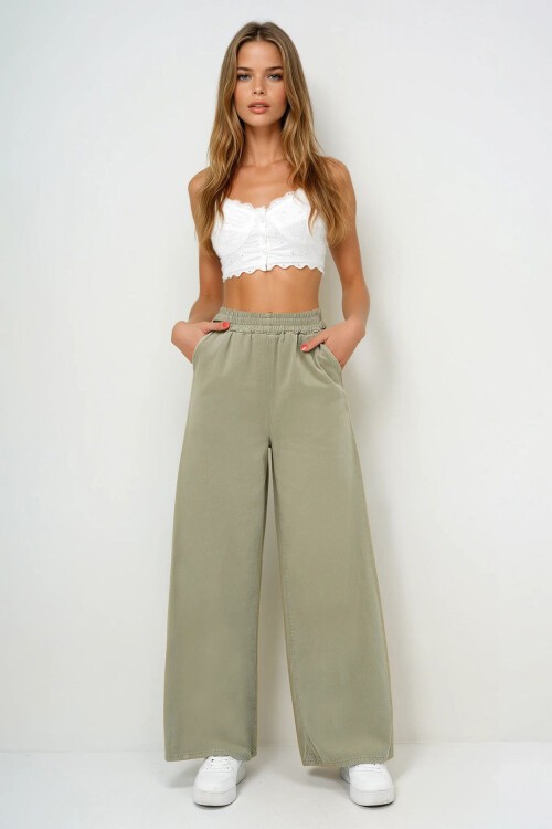 Çağla Yeşili Çift Cepli Gabardin Palazzo Pantolon