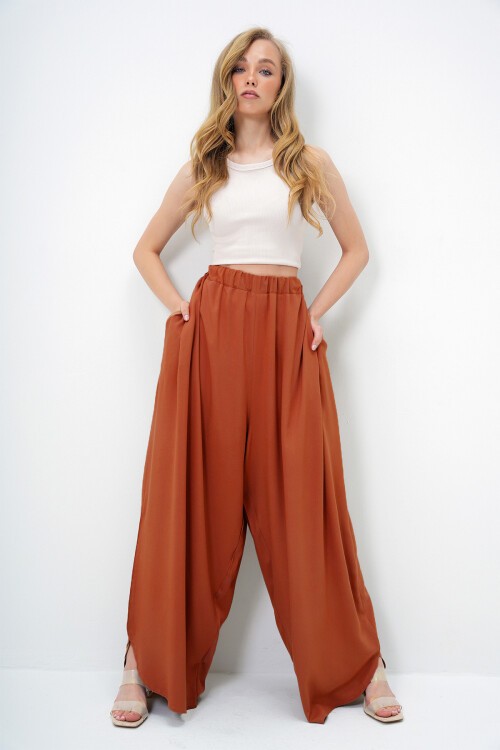 Kiremit Çift Cepli Dökümlü Bol Kesim Dokuma Pantolon