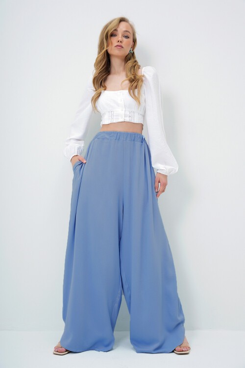 Havacı Mavi Çift Cepli Dökümlü Bol Kesim Dokuma Pantolon