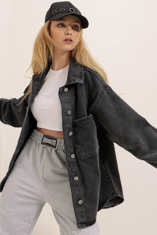 Antrasit Çift Cepli Yıkamalı Oversize Denim Ceket