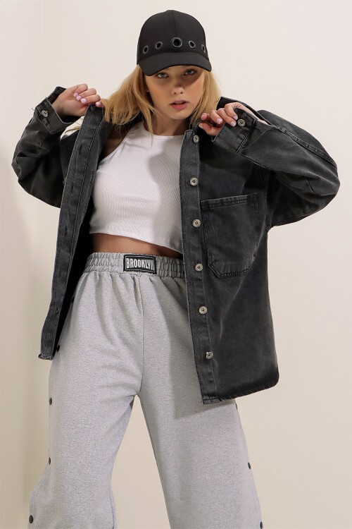 Antrasit Çift Cepli Yıkamalı Oversize Denim Ceket