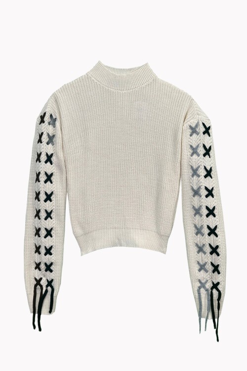 Ekru Bağcıklı Triko Kazak