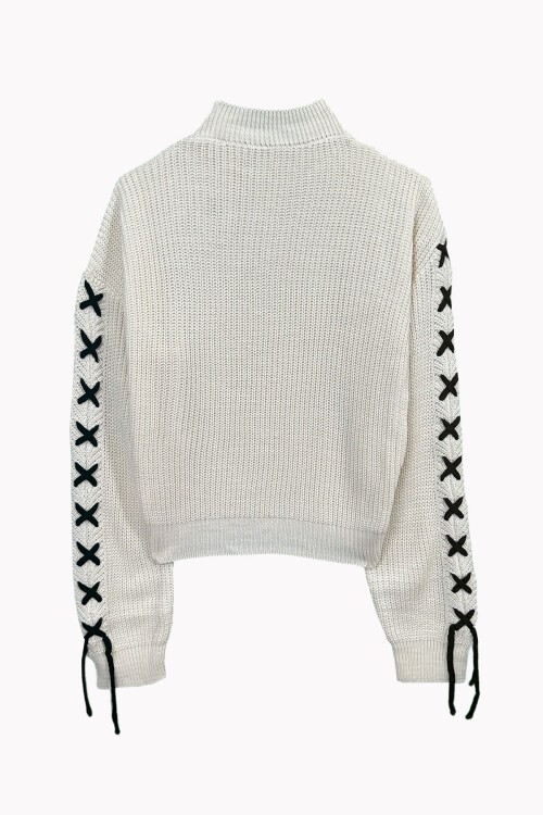 Ekru Bağcıklı Triko Kazak