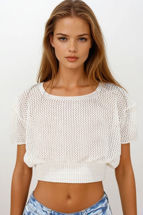 Ekru Beli Gipeli Ajurlu Crop Bluz