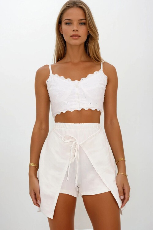 Ekru Beli Lastikli Bağlama Detaylı Kapaklı Müslin Şort Etek
