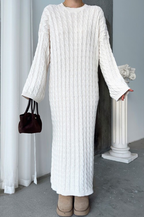 Ekru Bisiklet Yaka Saç Örgülü Kadın Triko Midi Elbise