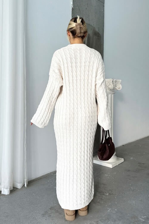 Ekru Bisiklet Yaka Saç Örgülü Kadın Triko Midi Elbise