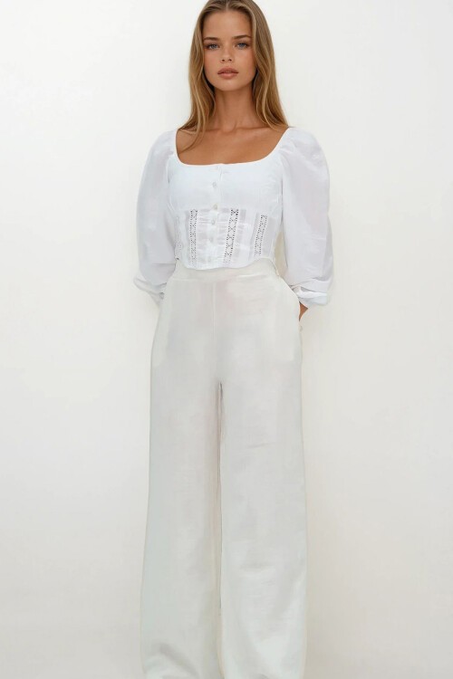 Ekru Çift Cepli Beli Lastikli Müslin Palazzo Pantolon