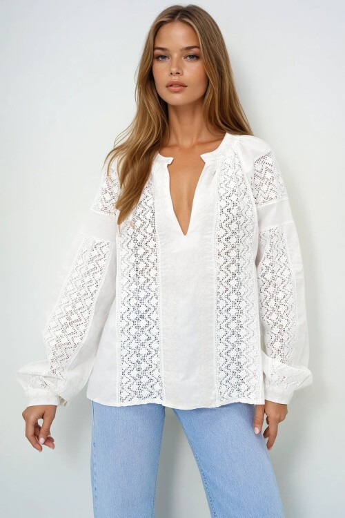 Ekru Derin V Yaka Nakış Ve Güpür Detaylı Balon Kol Keten Bluz