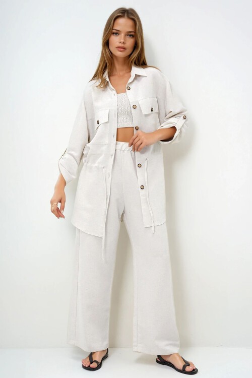 Ekru Gömlek Yaka Çift Cepli Bağlamalı Keten Safari Ceket Ve Pantolon Takım