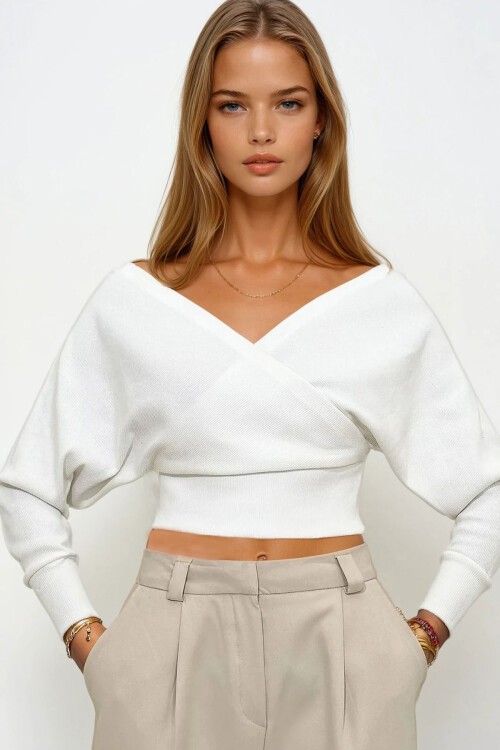 Ekru Ön Arka V Yaka Kruvaze Bluz