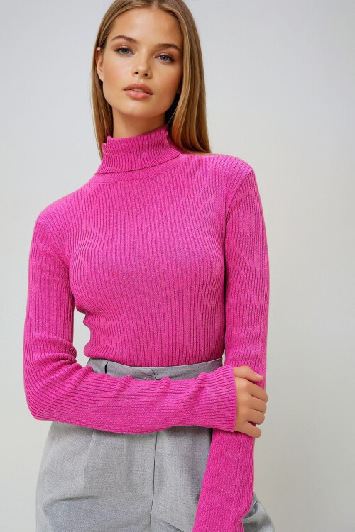 Fuşya Balıkçı Yaka Fitilli Triko Kazak