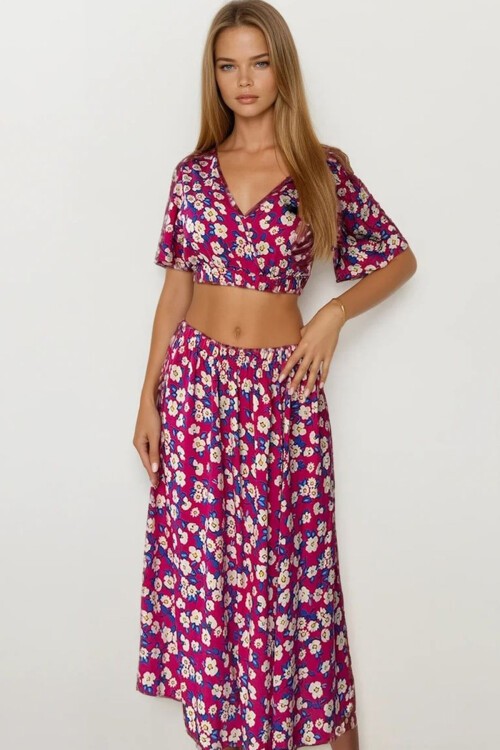 Fuşya Çiçek Desenli Crop Bluz Ve Etek Takım