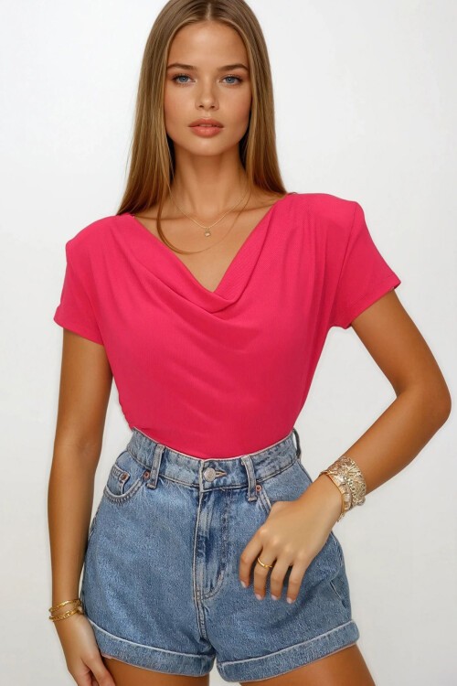Fuşya Degaje Yaka Dökümlü Vatkalı Örme Bluz
