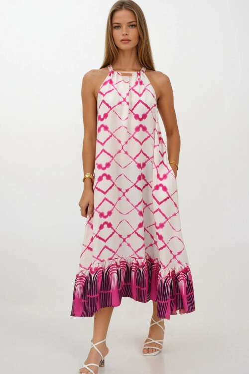 Fuşya Desenli  Bağlamalı Eteği Fileli Maxi Boy Çift Cepli Elbise Elbise