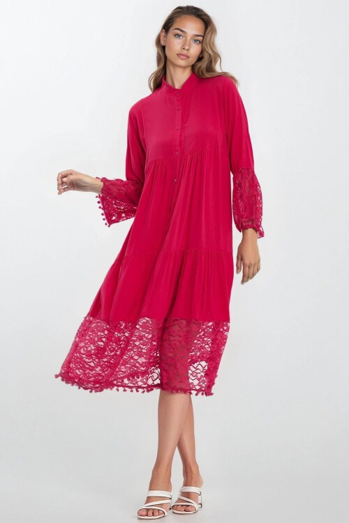 Fuşya Hakim Yaka Önü Düğmeli Dantelli Viskon Elbise