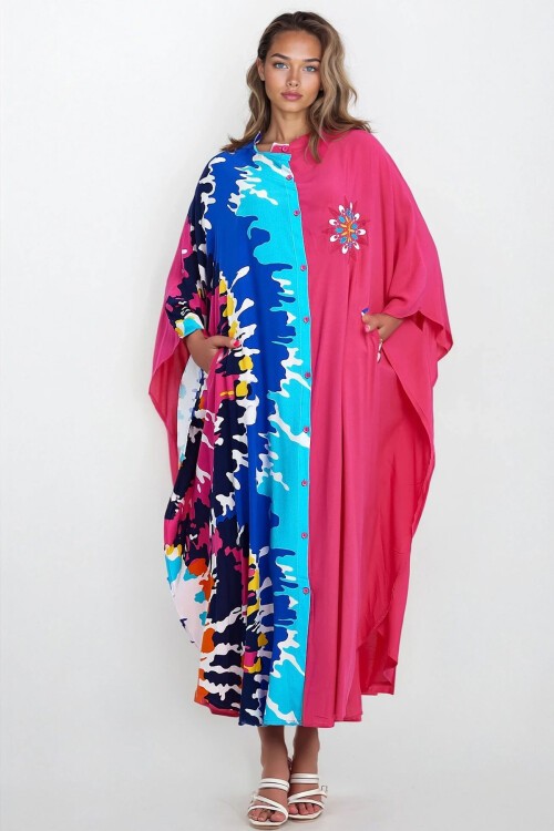 Fuşya Hakim Yaka Önü Düğmeli Tek Cepli Büyük Beden Viskon Elbise